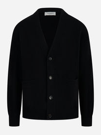 Cardigan LANEUS nero in lana merinos e cashmere, vista frontale
