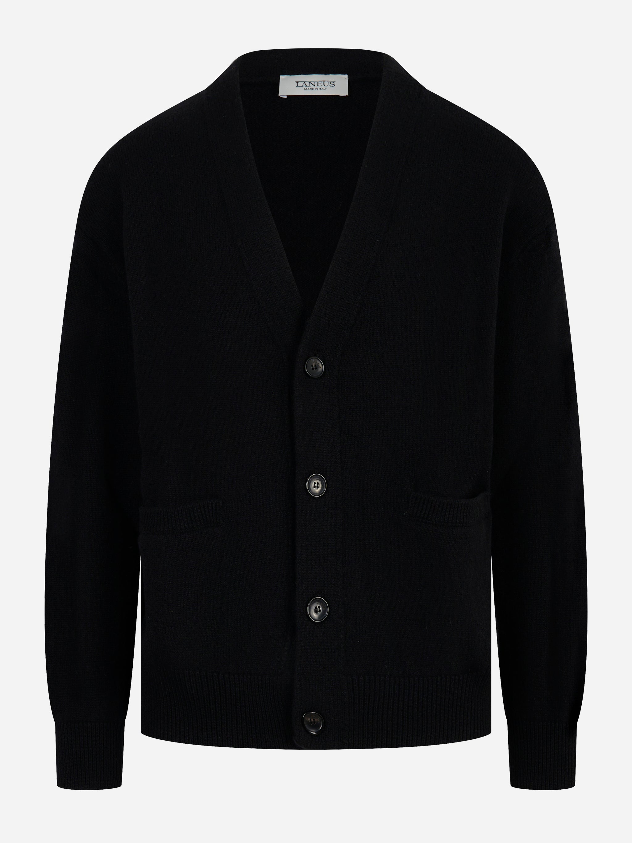 Cardigan LANEUS nero in lana merinos e cashmere, vista frontale
