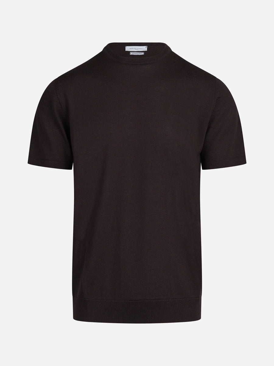 Maglia a maniche corte in lana marrone - vista frontale