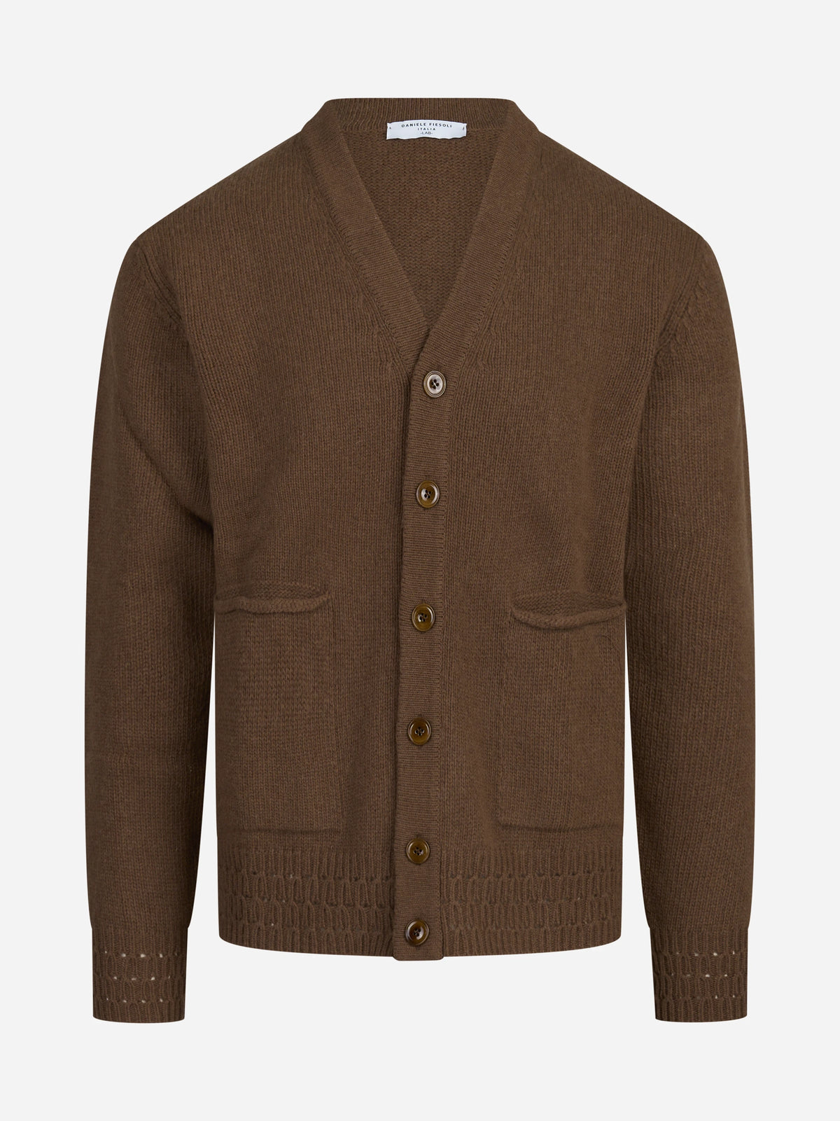 Cardigan con finiture traforate marrone - vista frontale