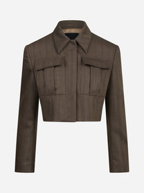 Blazer cropped oversized in lana vergine marrone - vista frontale