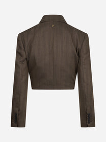 Blazer cropped oversized in lana vergine marrone - vista posteriore