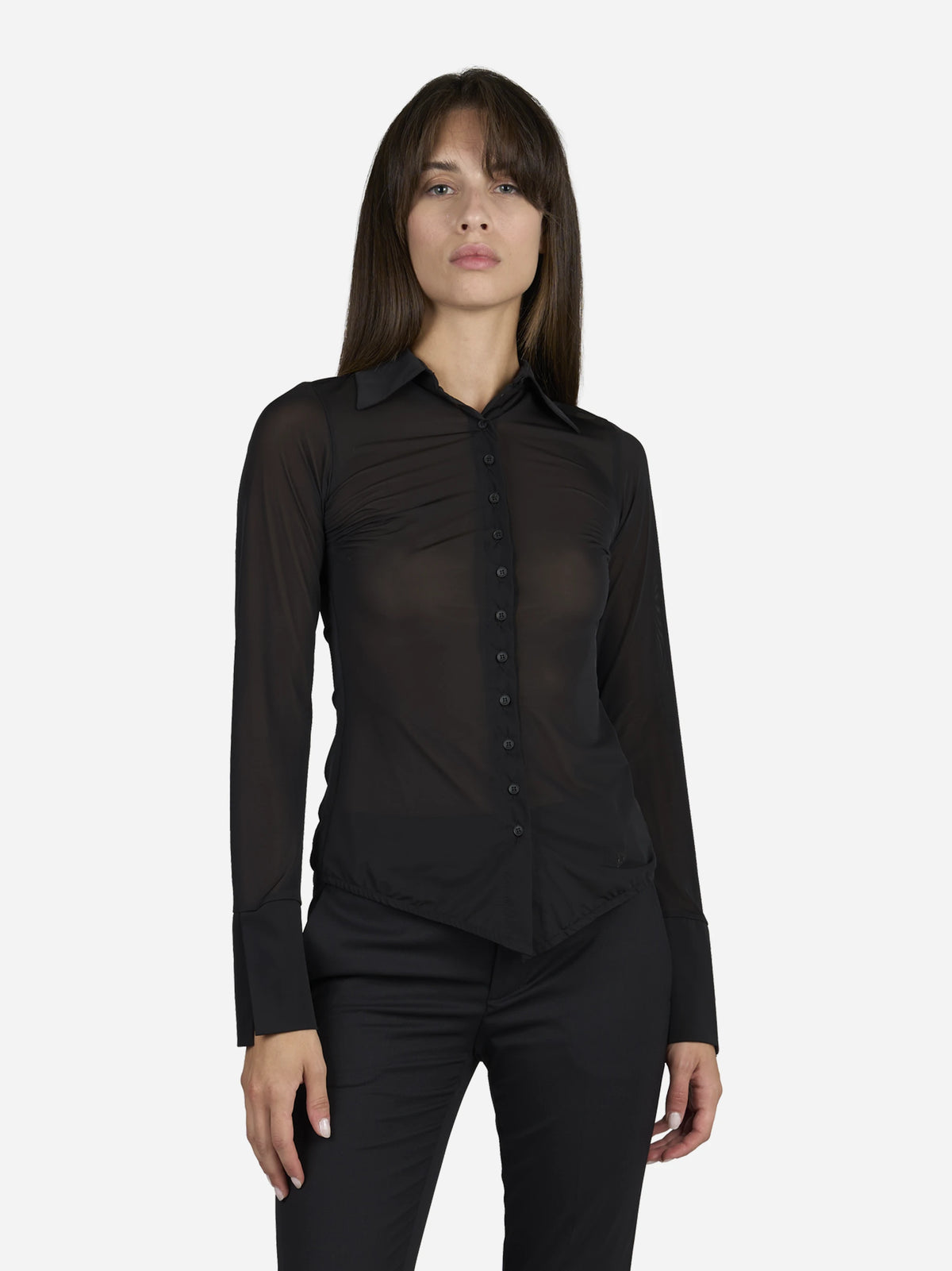 Camicia slim fit in crêpe tulle - indossato, vista frontale