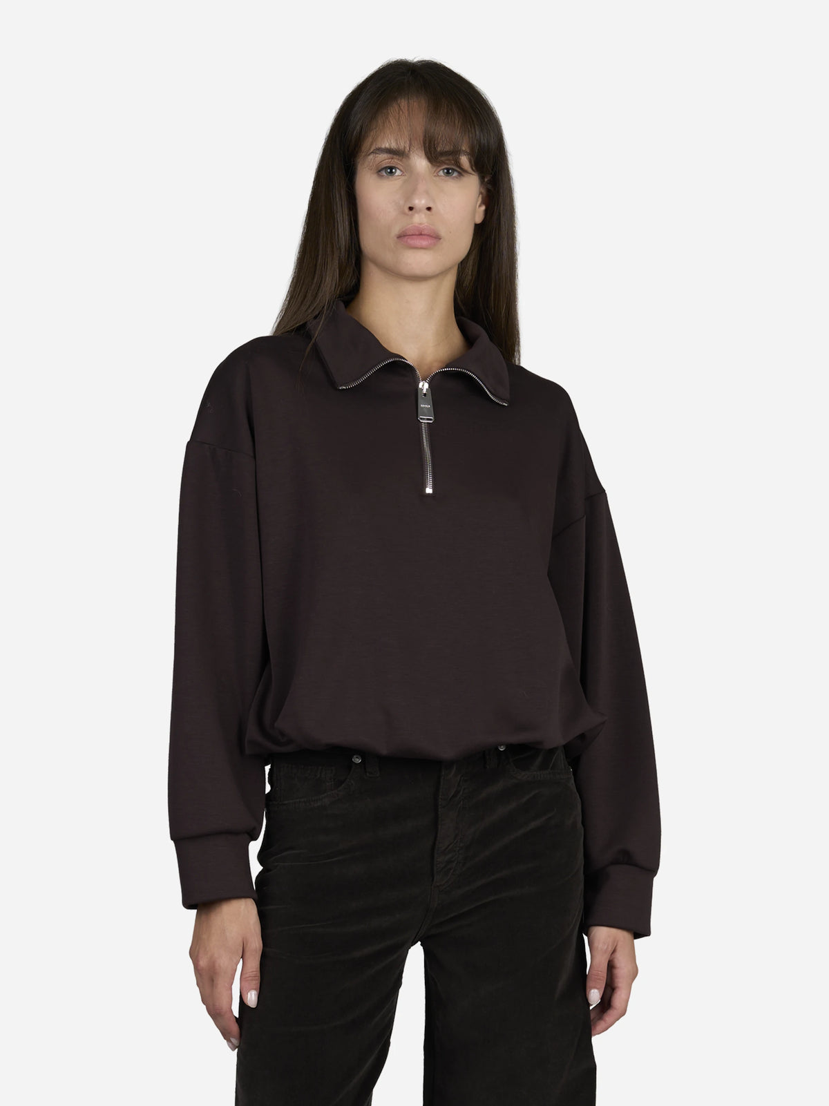 Felpa regular-fit in scuba marrone - indossato, vista frontale