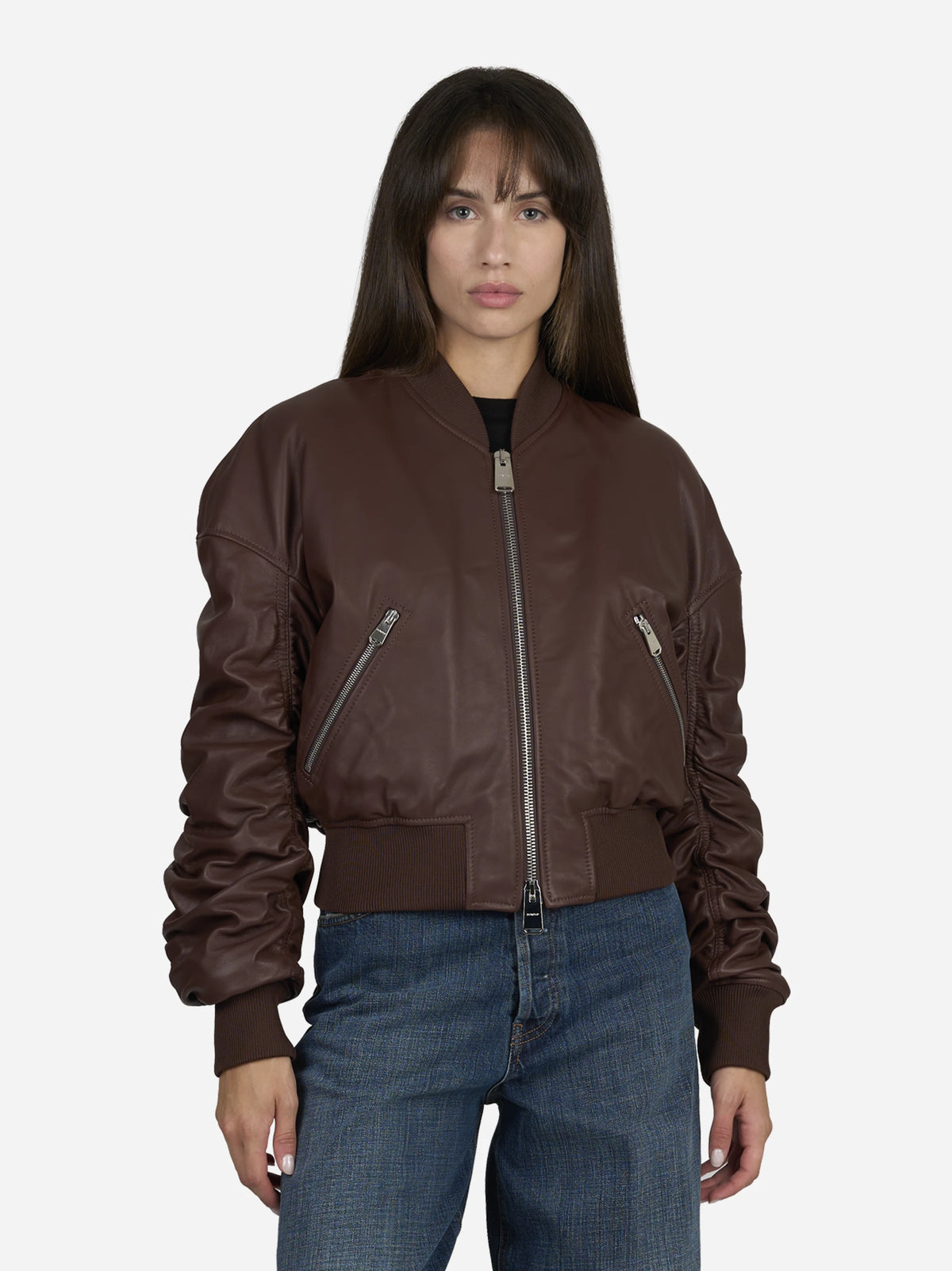 Bomber oversize in pelle di agnello - indossato, vista frontale