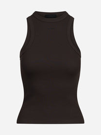 Top slim-fit a coste senza maniche marrone - vista frontale