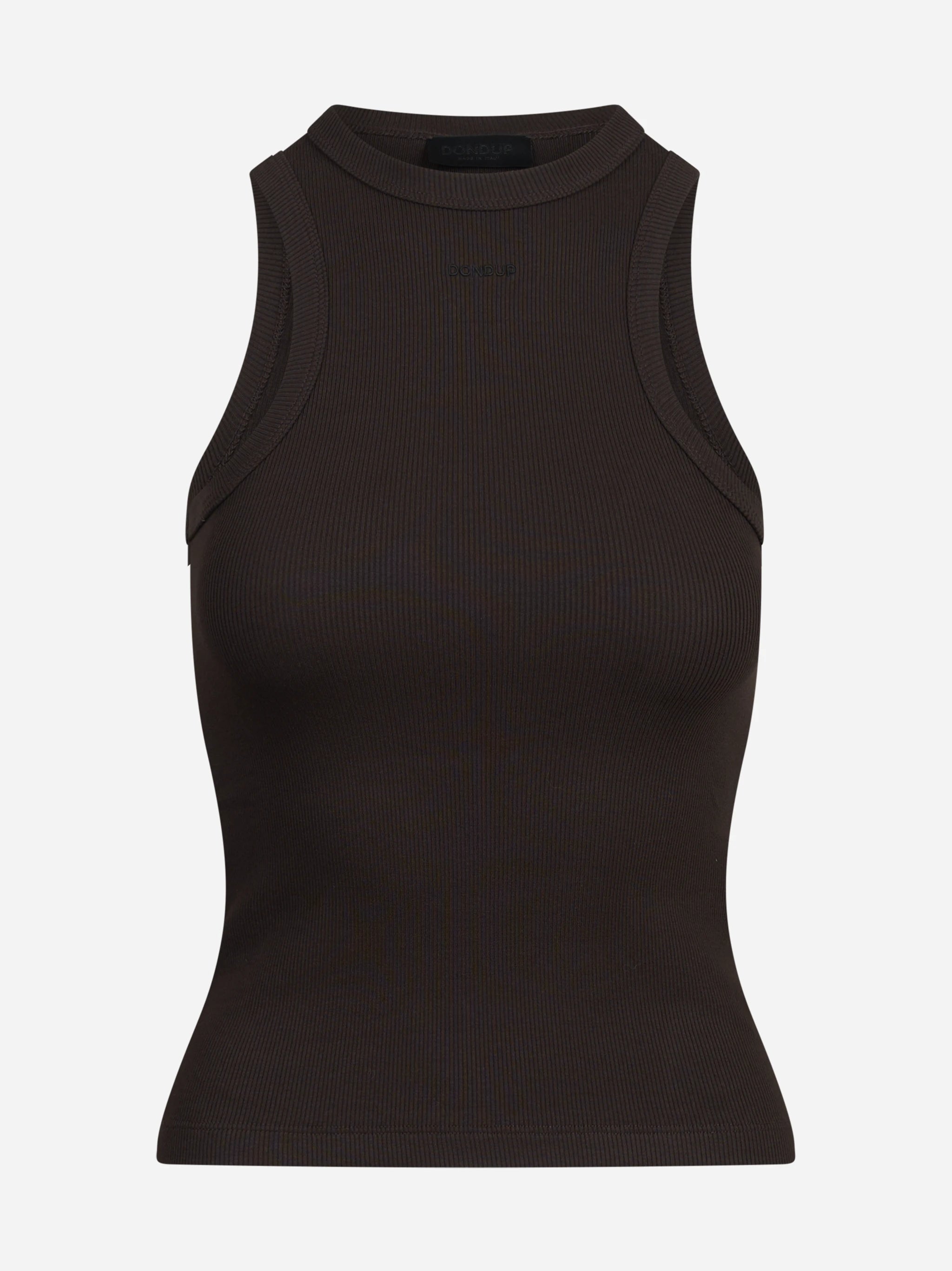 Top slim-fit a coste senza maniche marrone - vista frontale