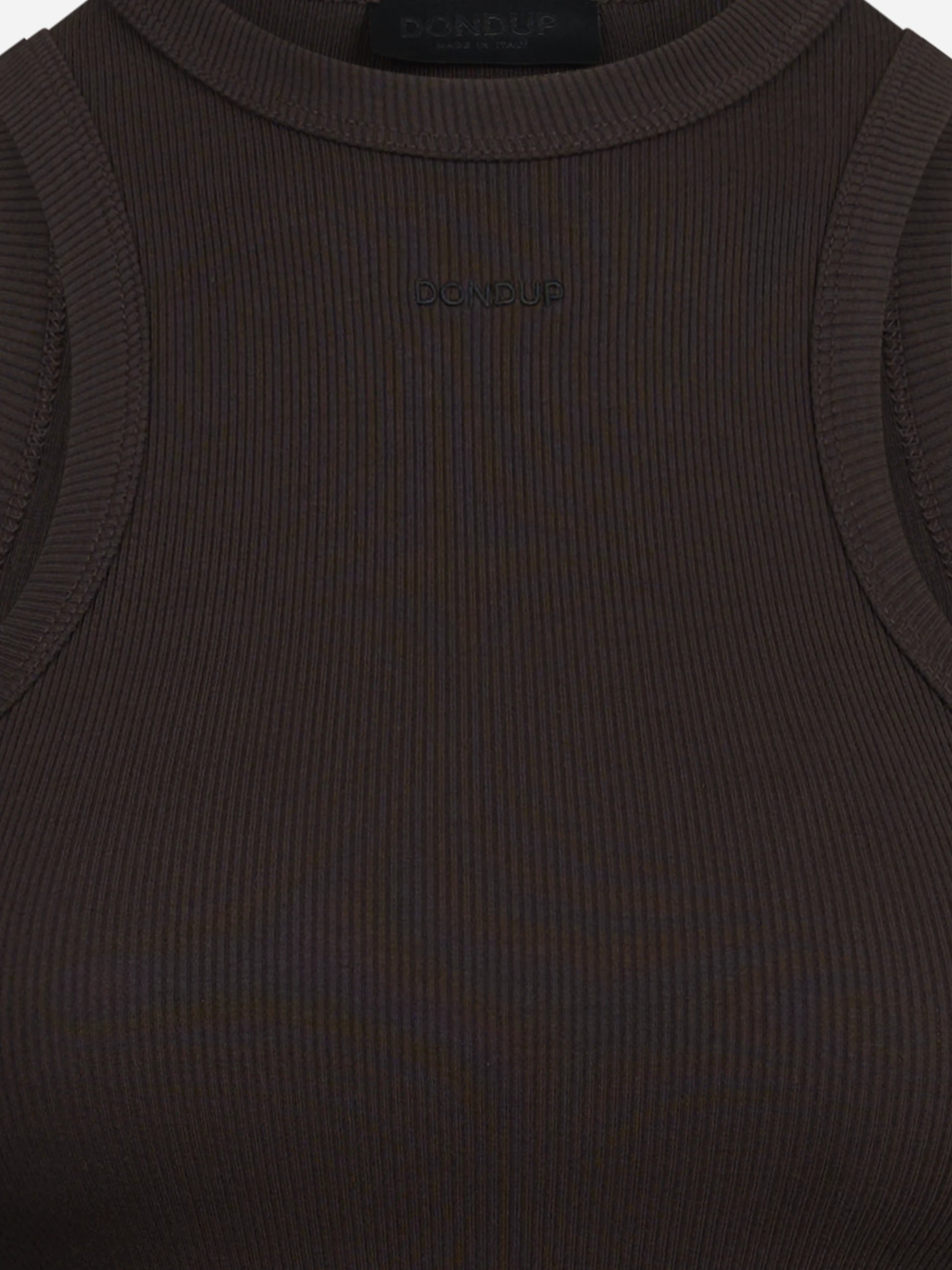 Top slim-fit a coste senza maniche marrone - vista laterale e dettagli