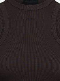 Top slim-fit a coste senza maniche marrone - vista laterale e dettagli