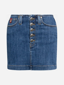 Minigonna in denim con bottoni gioiello blu - vista frontale
