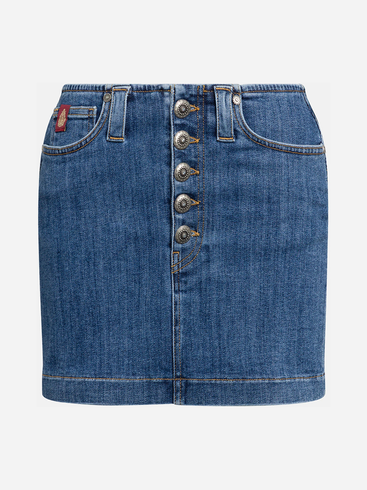 Minigonna in denim con bottoni gioiello blu - vista frontale