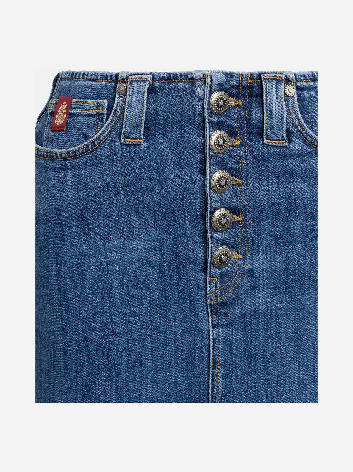 Minigonna in denim con bottoni gioiello blu - dettaglio del prodotto