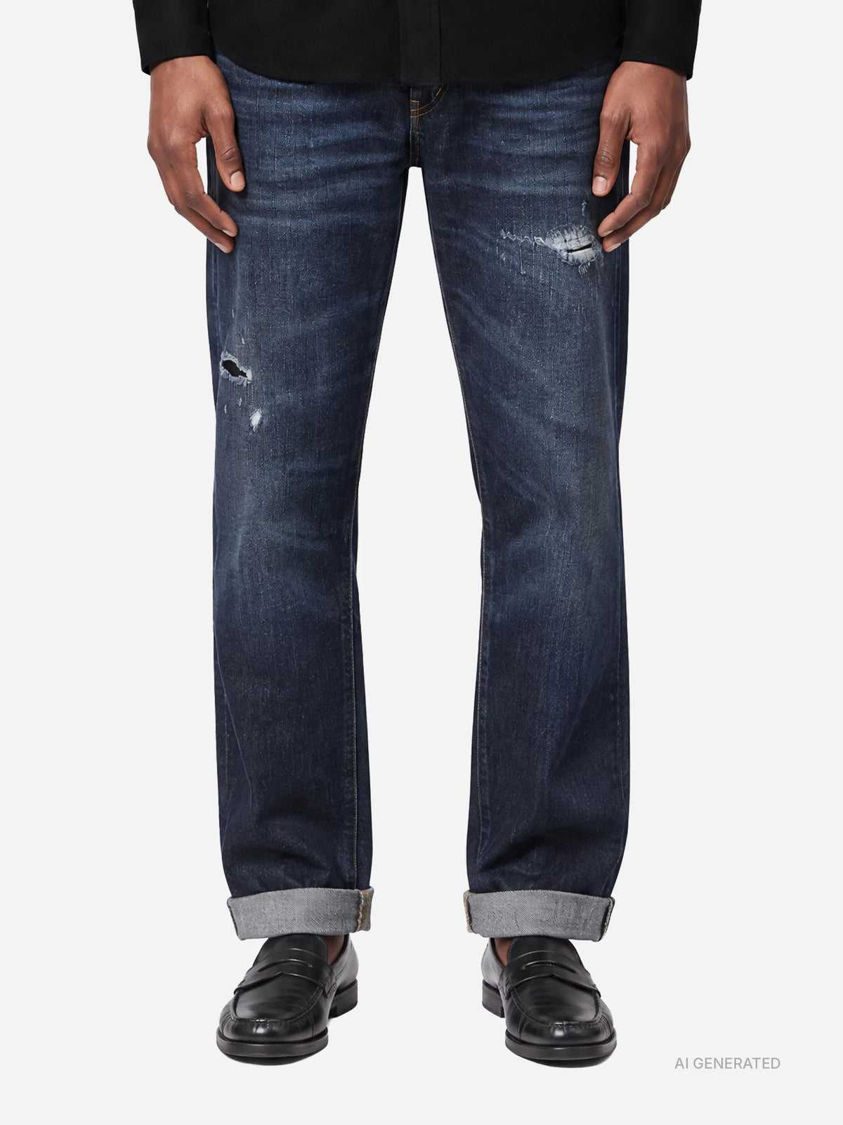 Jeans Ervin loose fit blu con risvolto - indossato, vista frontale