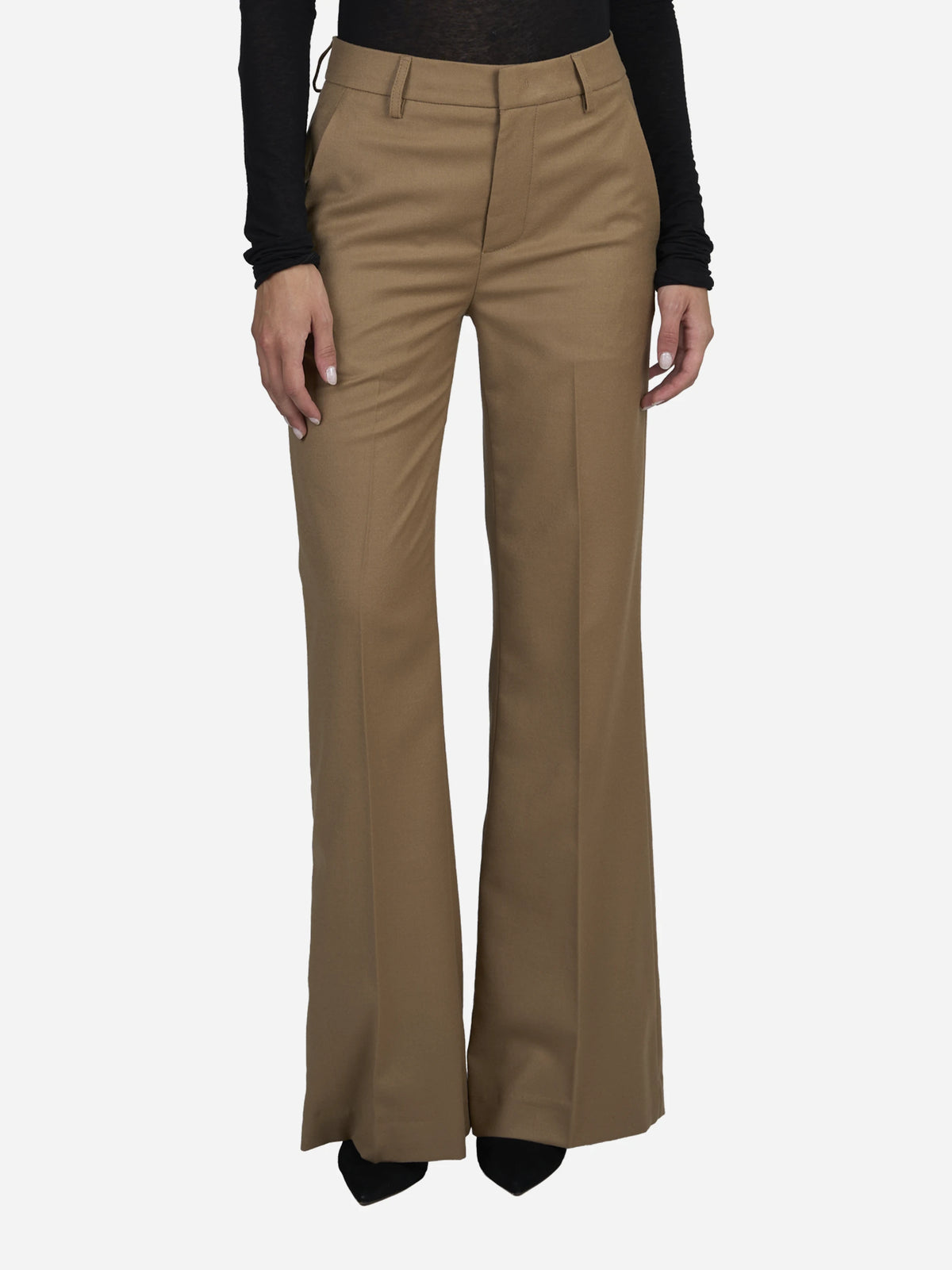 Pantaloni Janice wide leg in lana cammello - indossato, vista frontale