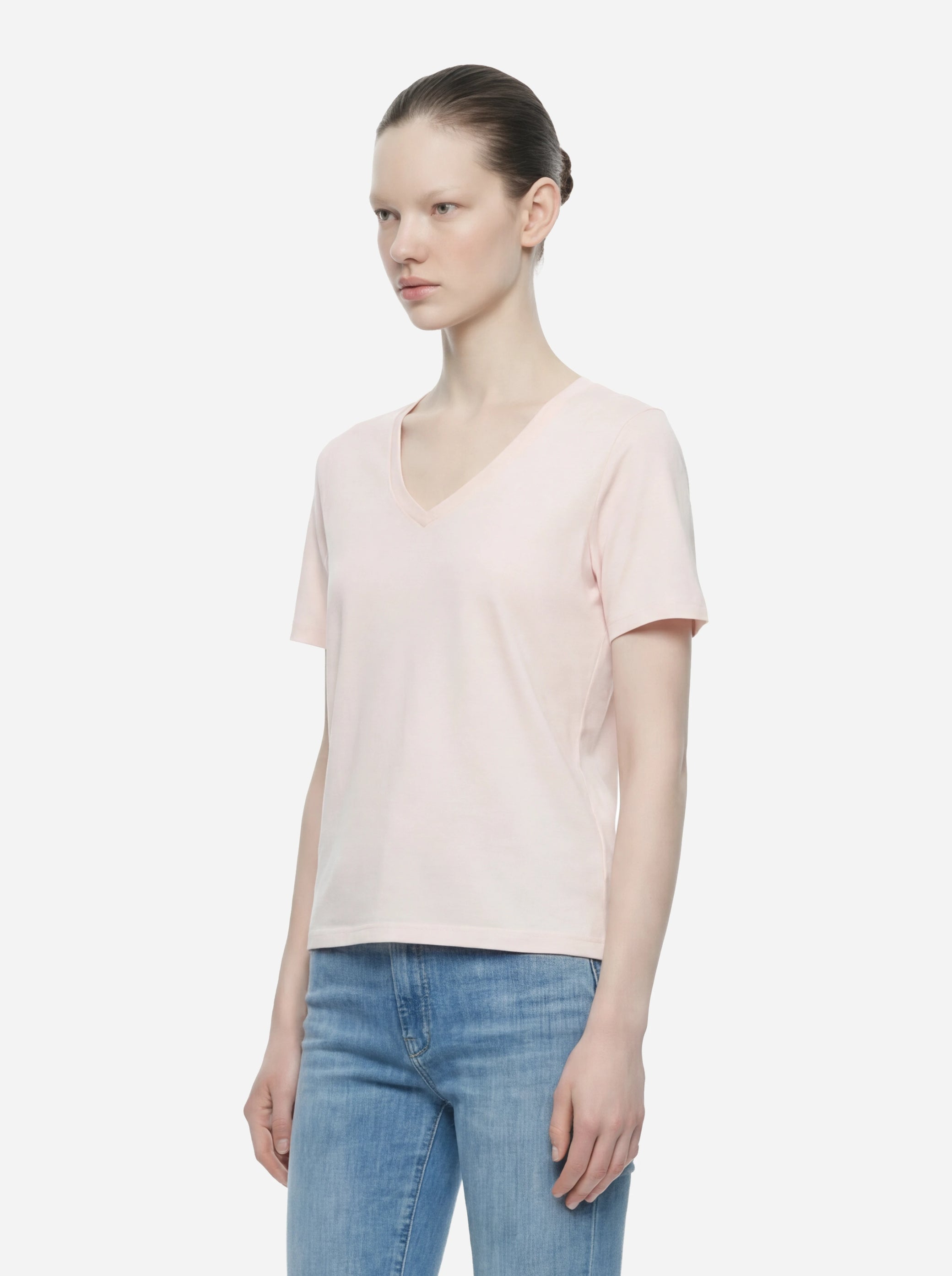 T-shirt scollo a v rosa in modal e seta