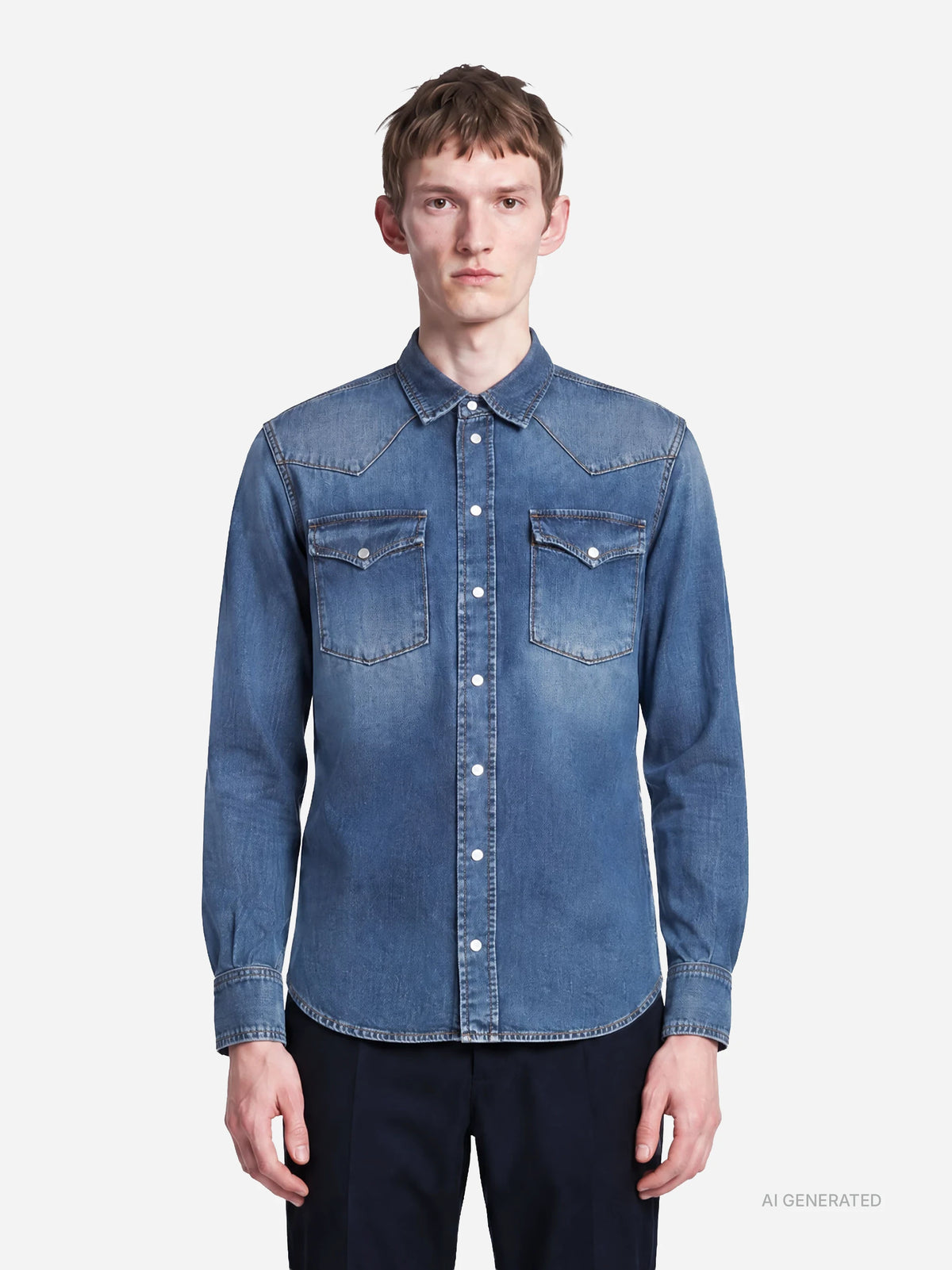 Camicia texana regular-fit in denim blu - indossato, vista frontale
