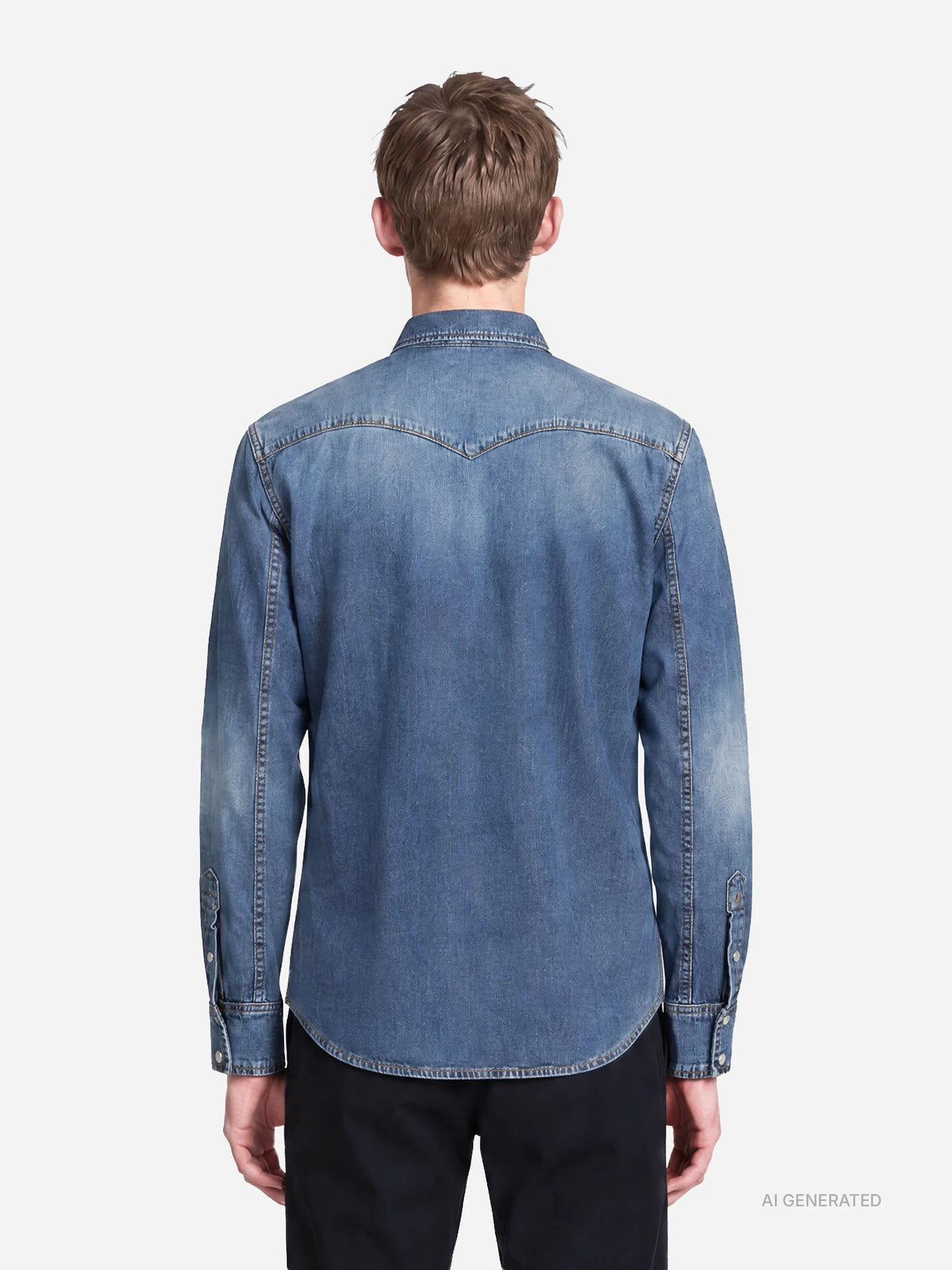 Camicia texana regular-fit in denim blu - indossato, vista posteriore