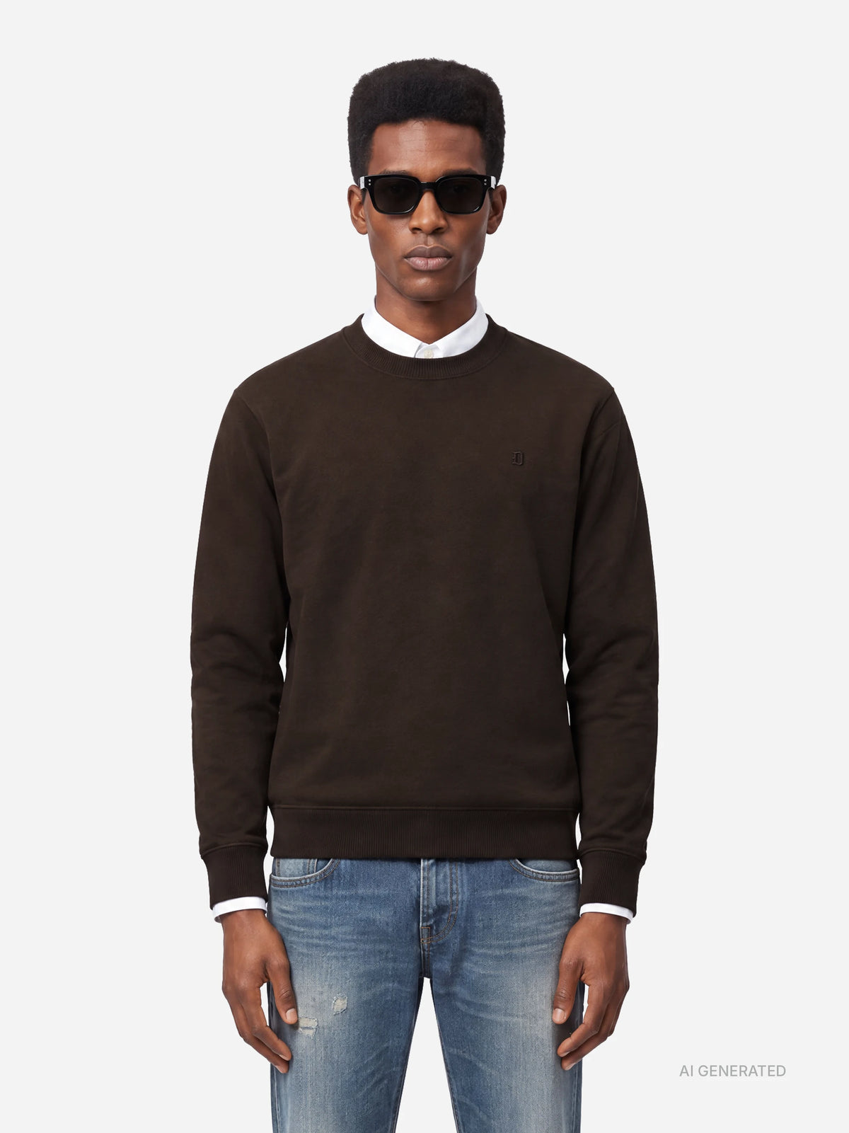 Felpa girocollo regular-fit marrone - indossato, vista frontale