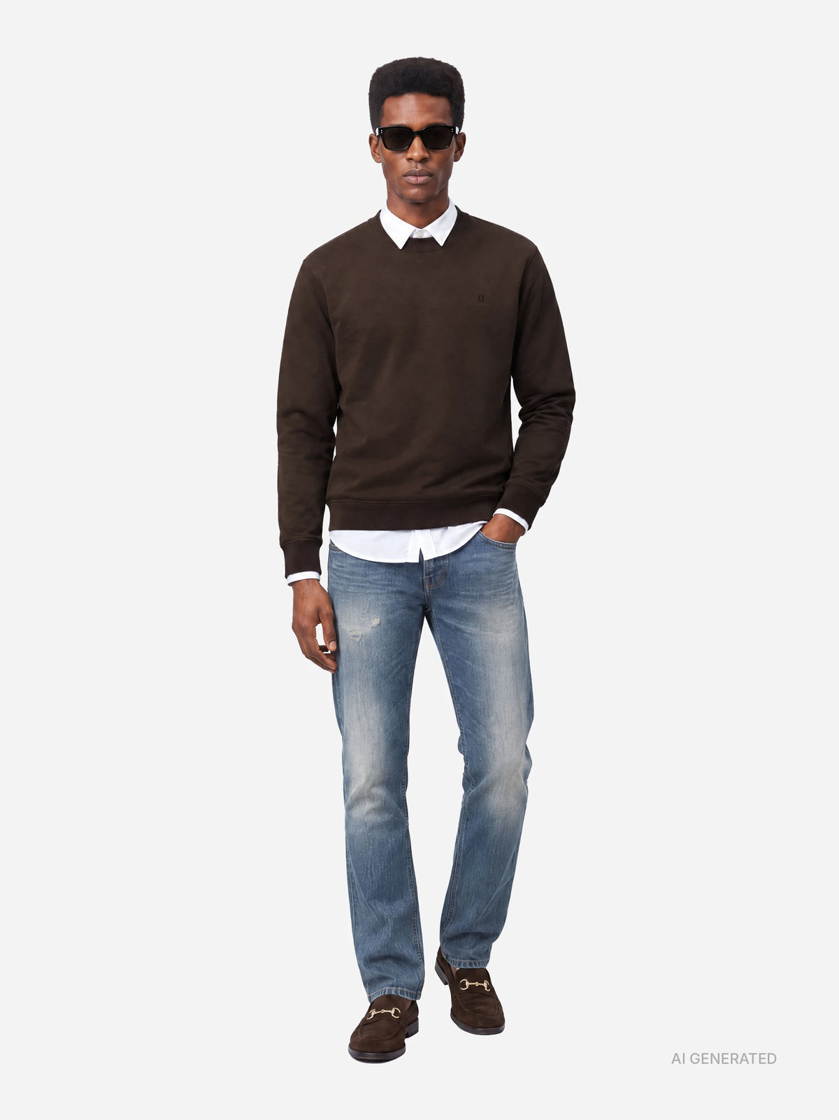 Felpa girocollo regular-fit marrone - indossato, look completo