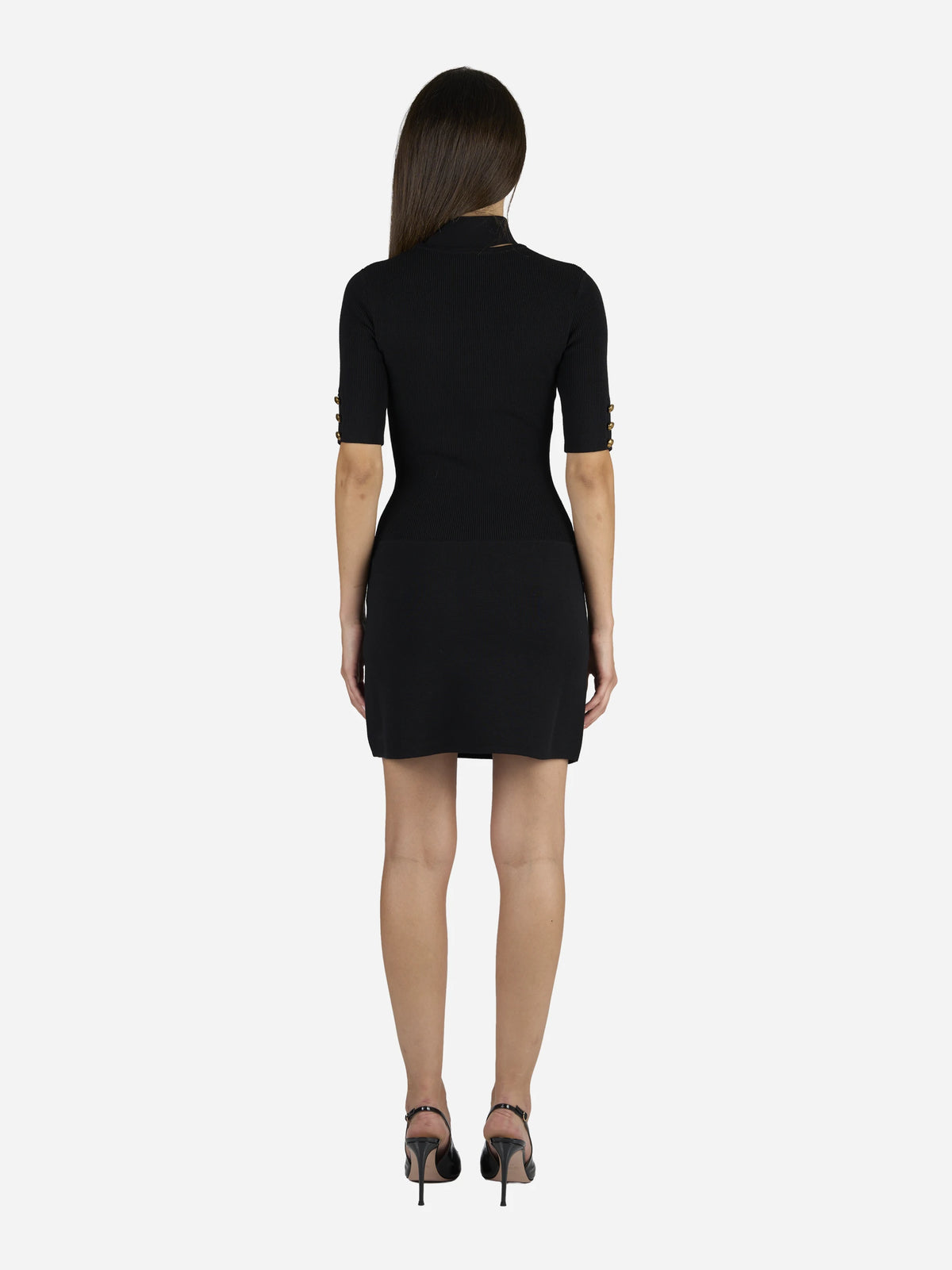 Mini abito in maglia con bottoni gioiello nero - indossato, vista posteriore