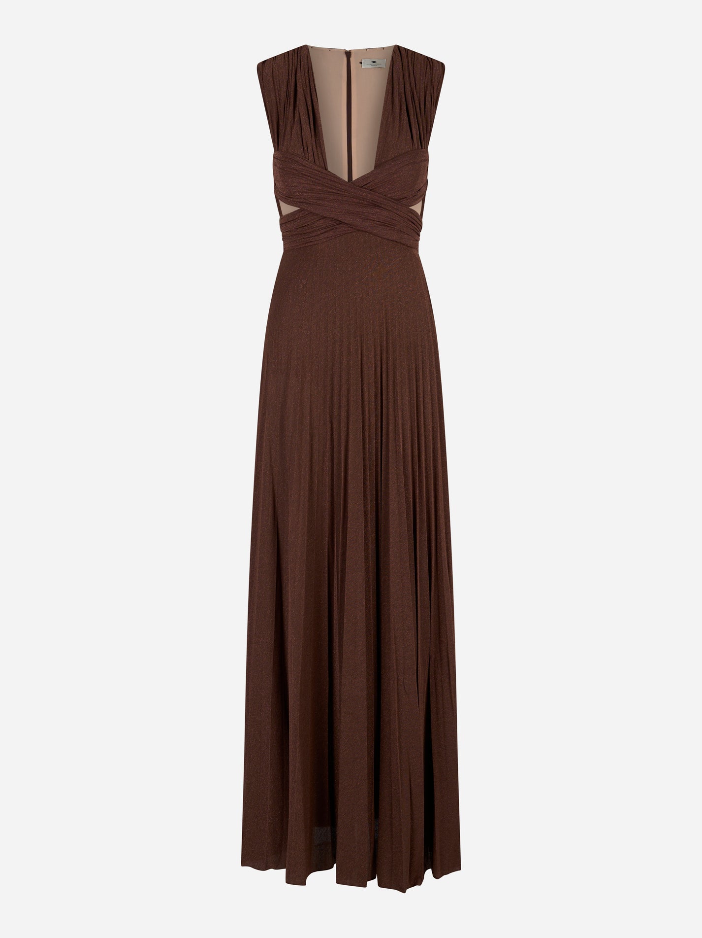 Abito lungo Red Carpet Elisabetta Franchi in jersey lurex color cioccolato, vista frontale