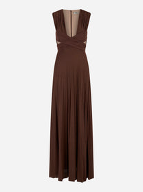 Abito lungo Red Carpet Elisabetta Franchi in jersey lurex color cioccolato, vista frontale