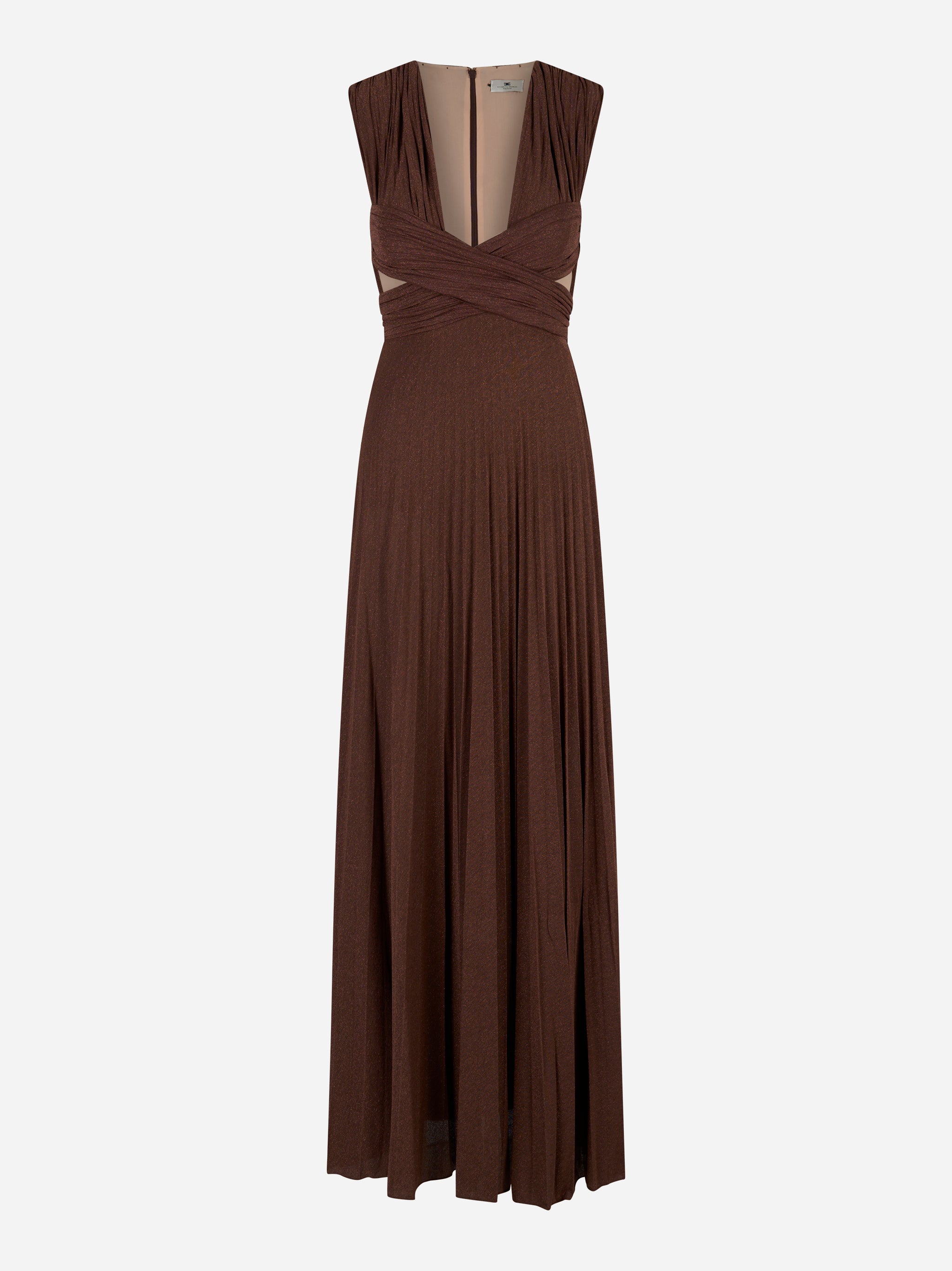 Abito lungo Red Carpet Elisabetta Franchi in jersey lurex color cioccolato, vista frontale