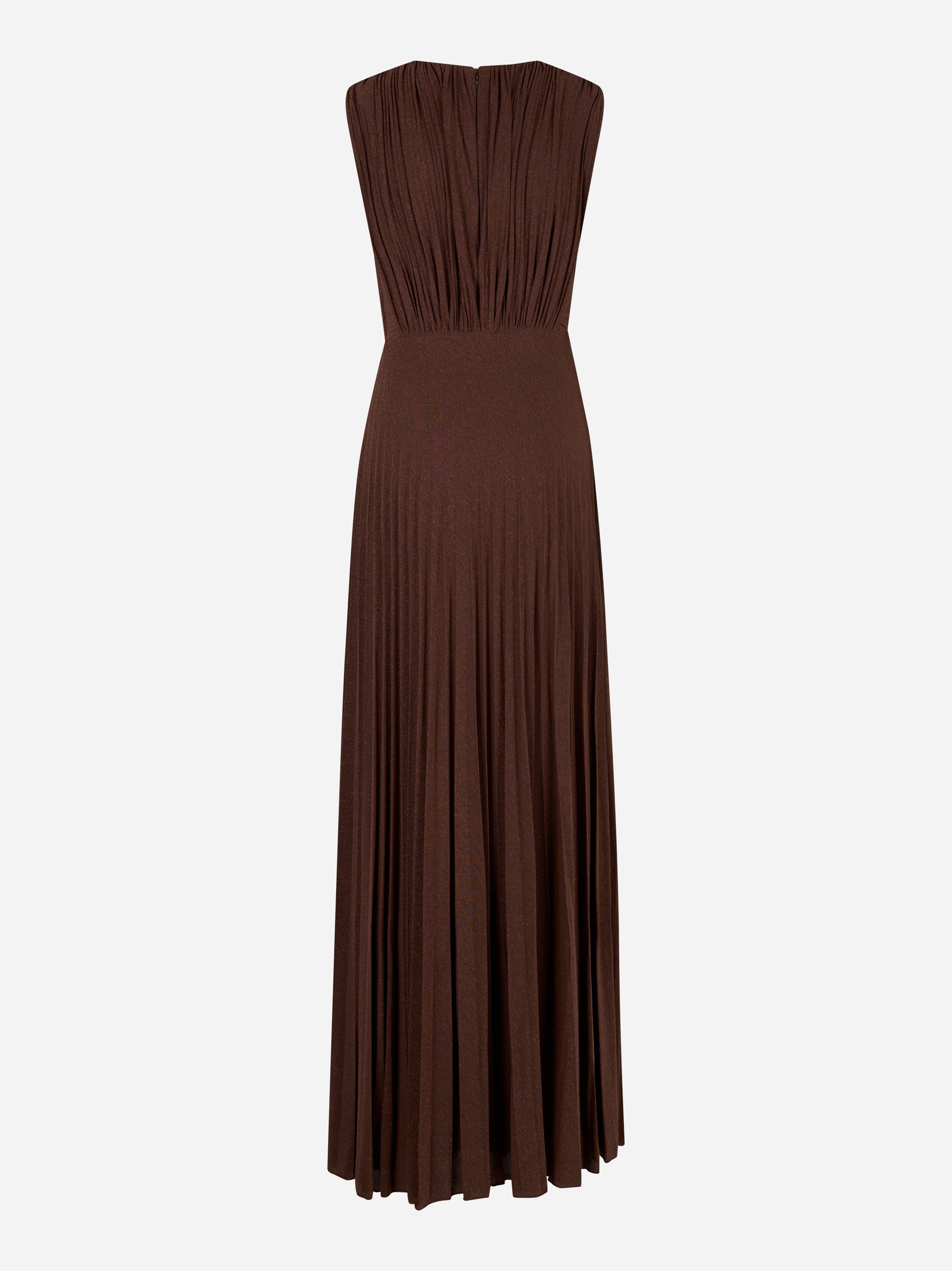 Abito lungo Red Carpet Elisabetta Franchi in jersey lurex color cioccolato, vista posteriore