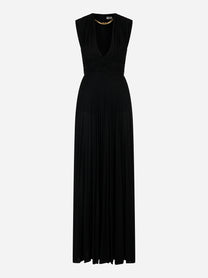 Abito lungo Red Carpet nero Elisabetta Franchi in jersey lurex con scollo profondo e collana dorata