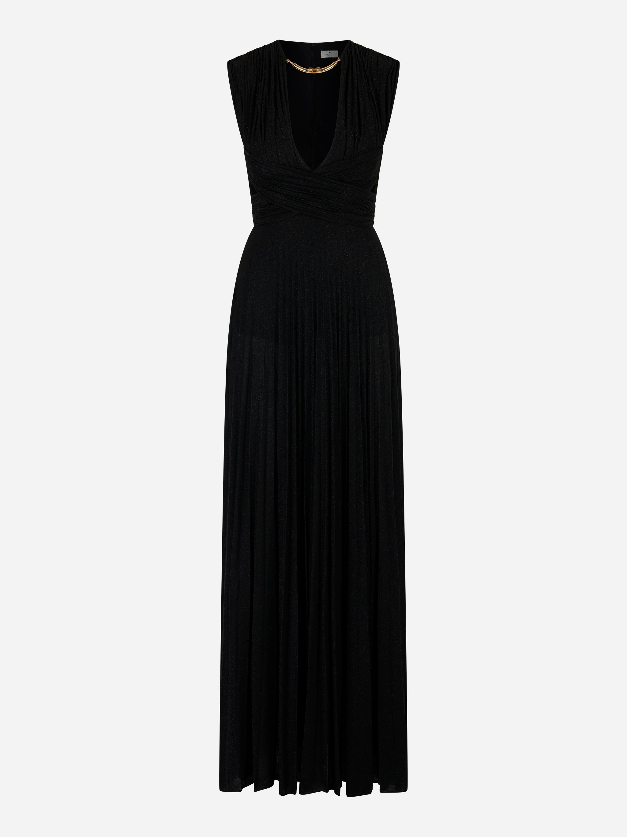 Abito lungo Red Carpet nero Elisabetta Franchi in jersey lurex con scollo profondo e collana dorata