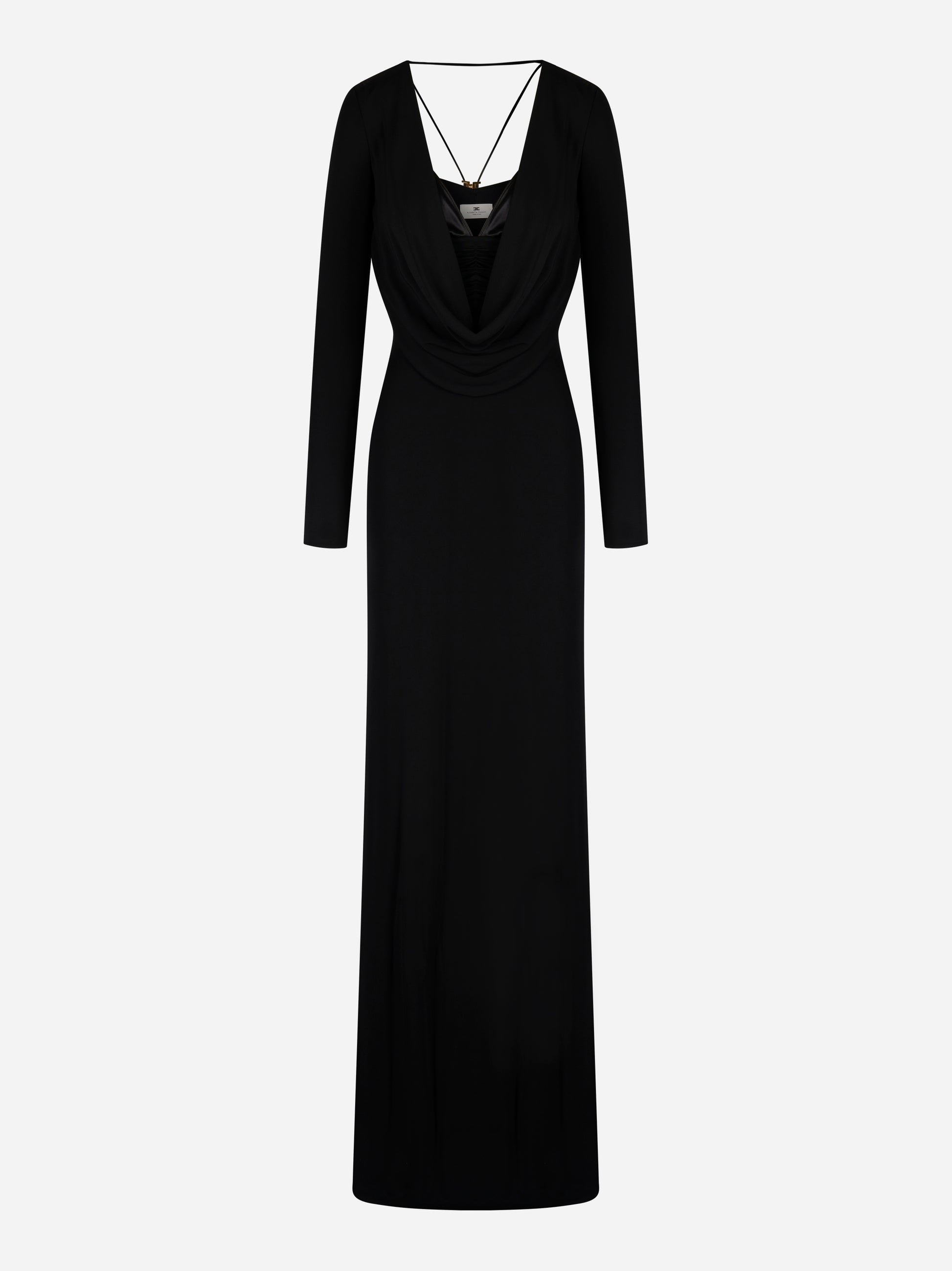 Abito Red Carpet nero Elisabetta Franchi con scollo drappeggiato e maniche lunghe