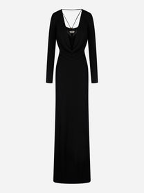 Abito Red Carpet nero Elisabetta Franchi con scollo drappeggiato e maniche lunghe