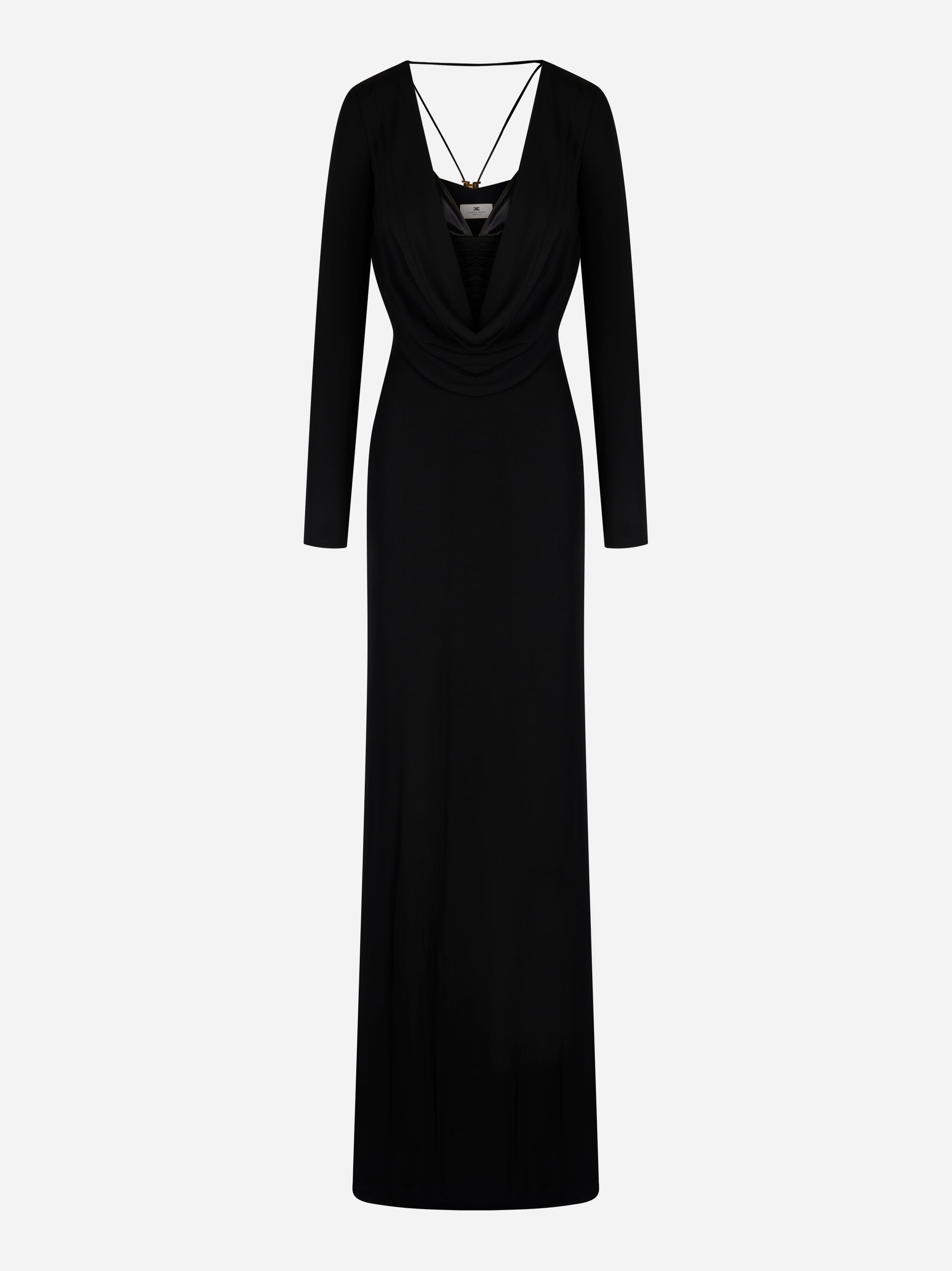 Abito Red Carpet nero Elisabetta Franchi con scollo drappeggiato e maniche lunghe