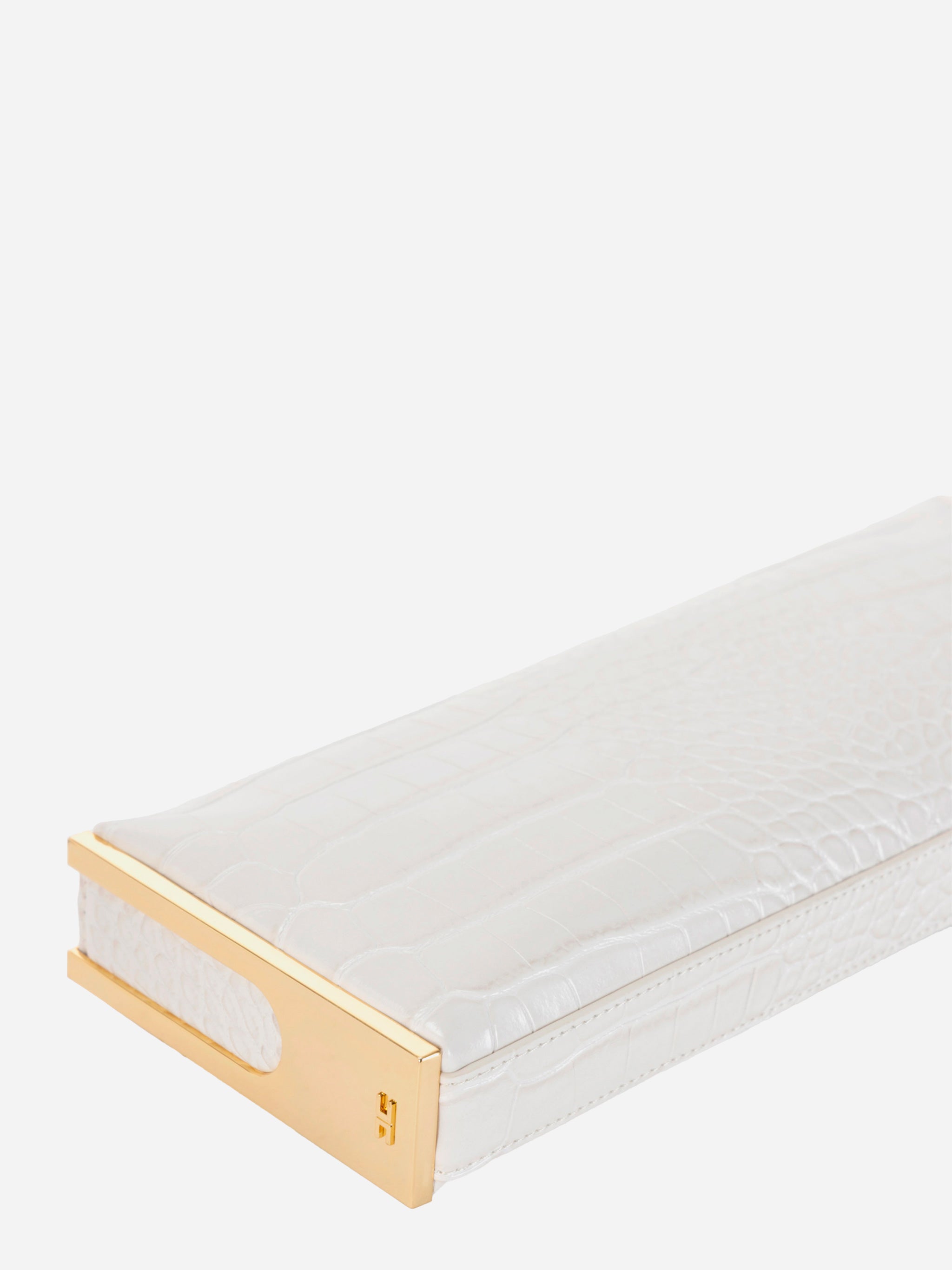 Dettaglio laterale con struttura rigida oro Elisabetta Franchi – baguette bianca