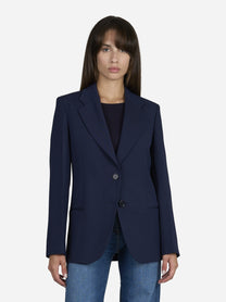 Blazer monopetto in viscosa blu - indossato, vista frontale