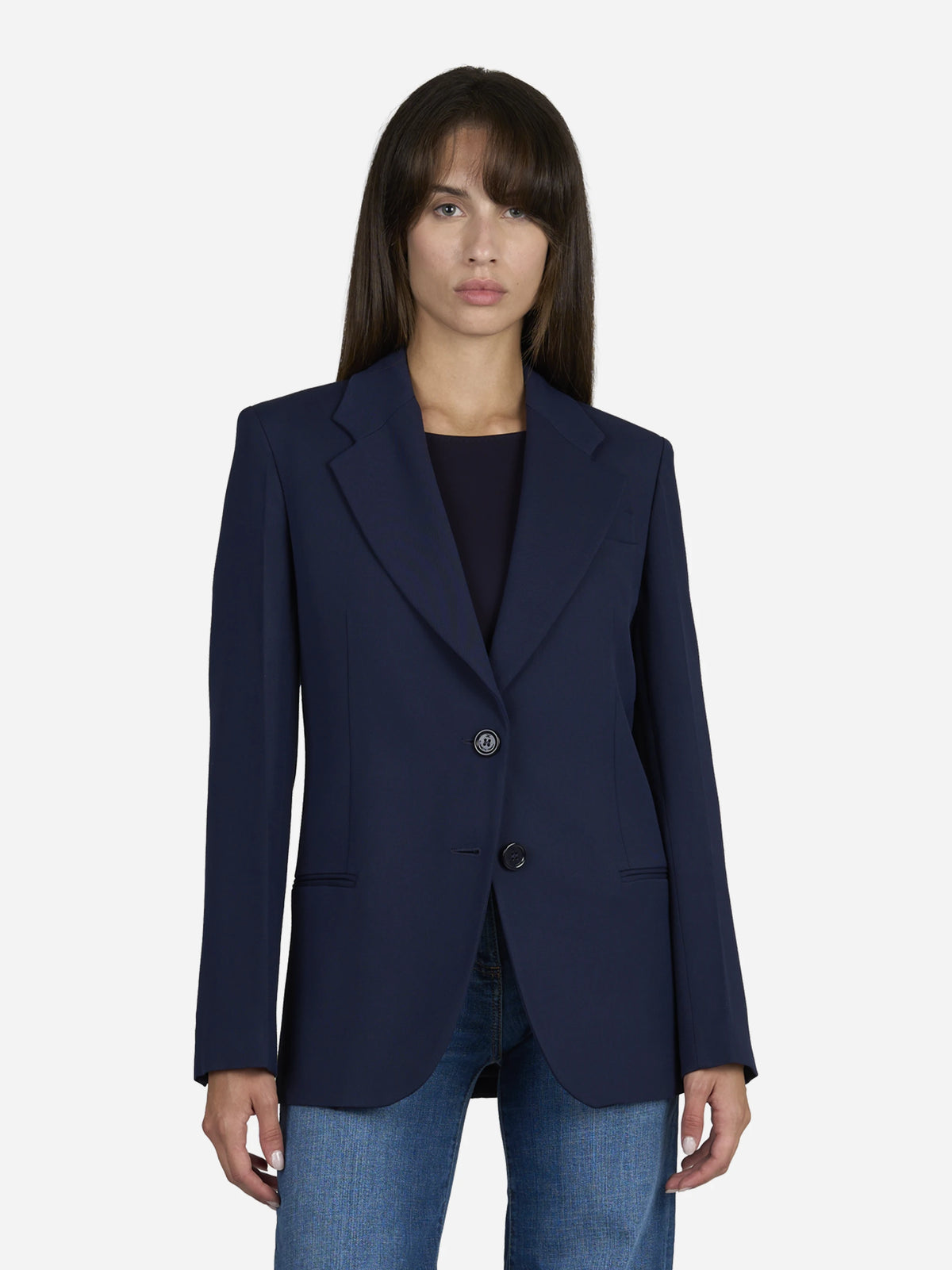 Blazer monopetto in viscosa blu - indossato, vista frontale