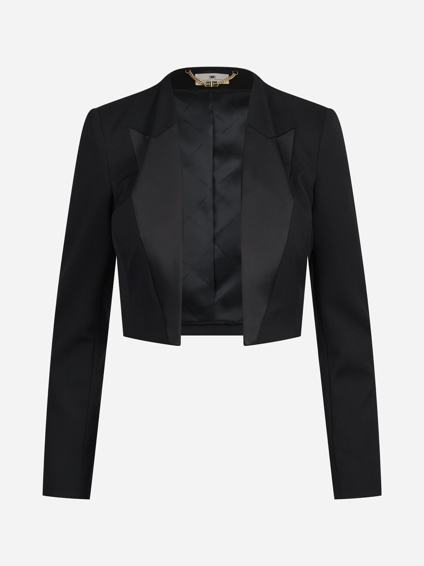 Blazer cropped in gabardina con rever in raso nero - vista frontale