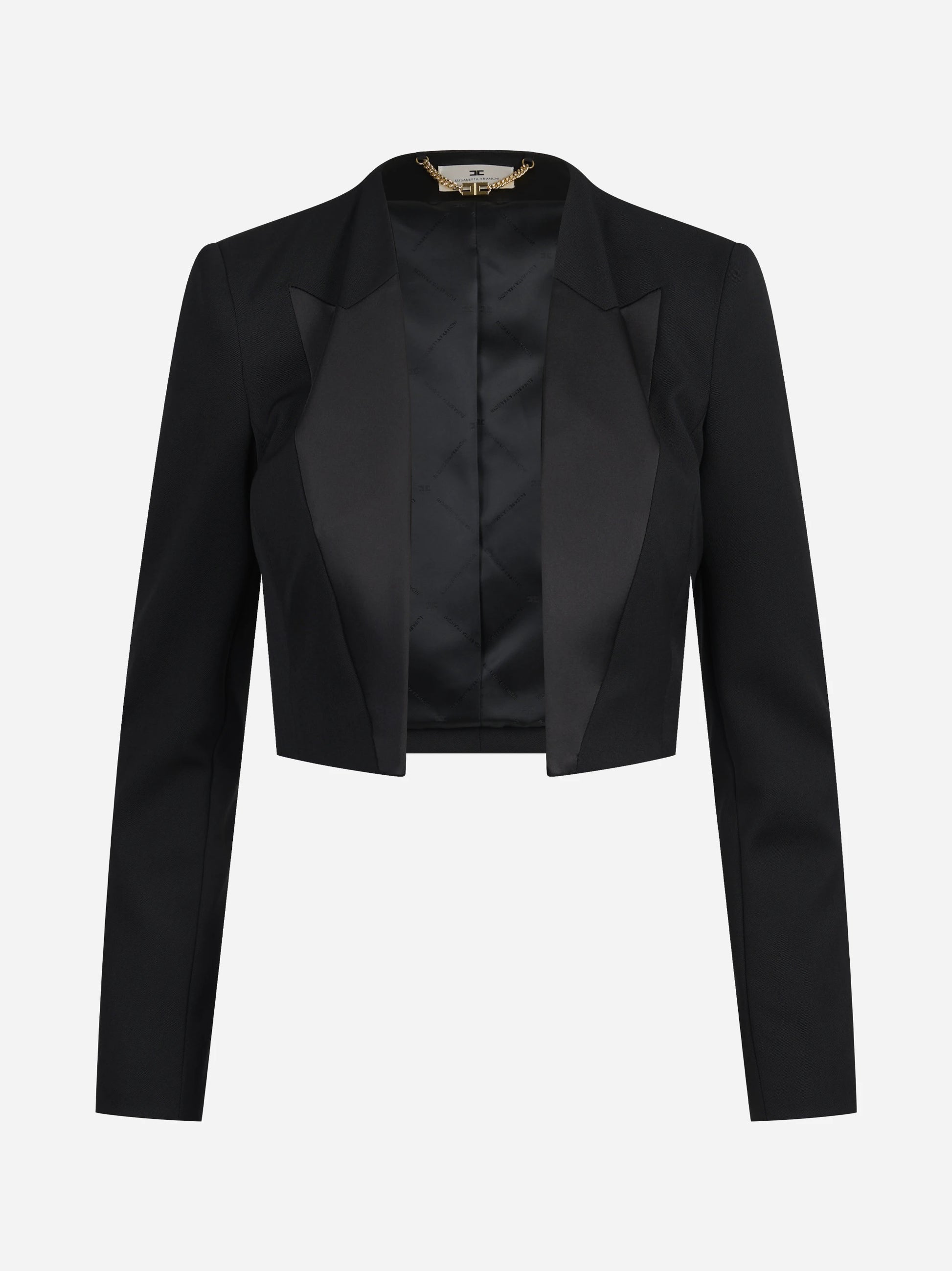 Blazer cropped in gabardina con rever in raso nero - vista frontale