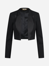 Blazer cropped in gabardina con rever in raso nero - vista frontale