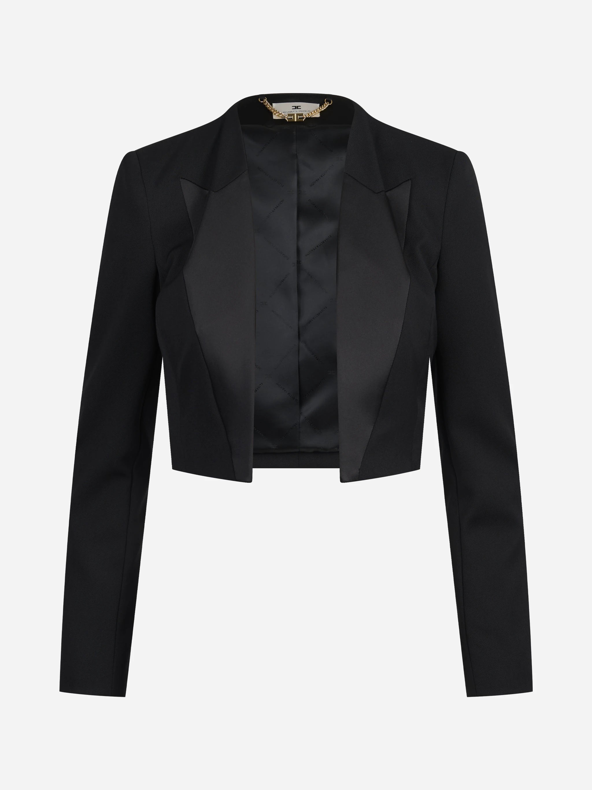 Blazer cropped in gabardina con rever in raso nero - vista frontale