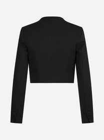 Blazer cropped in gabardina con rever in raso nero - vista posteriore