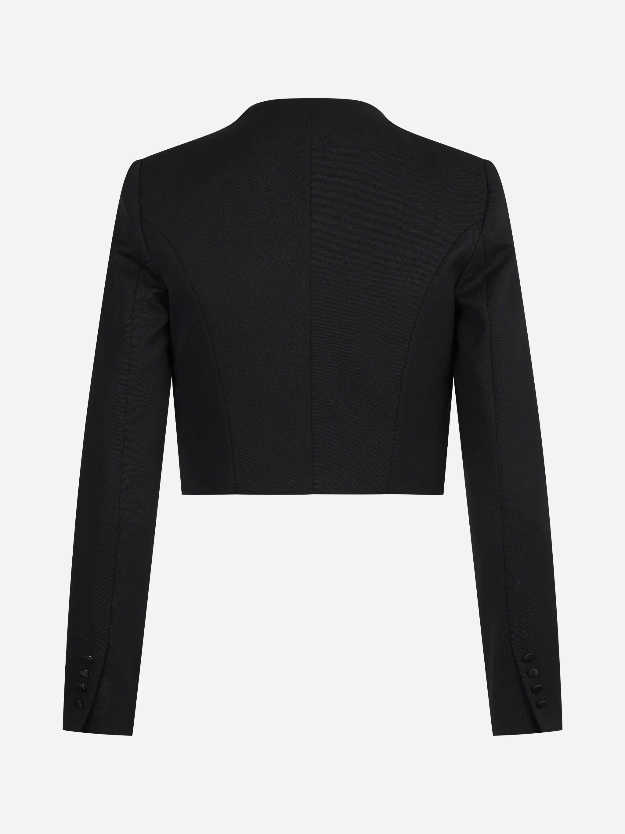 Blazer cropped in gabardina con rever in raso nero - vista posteriore