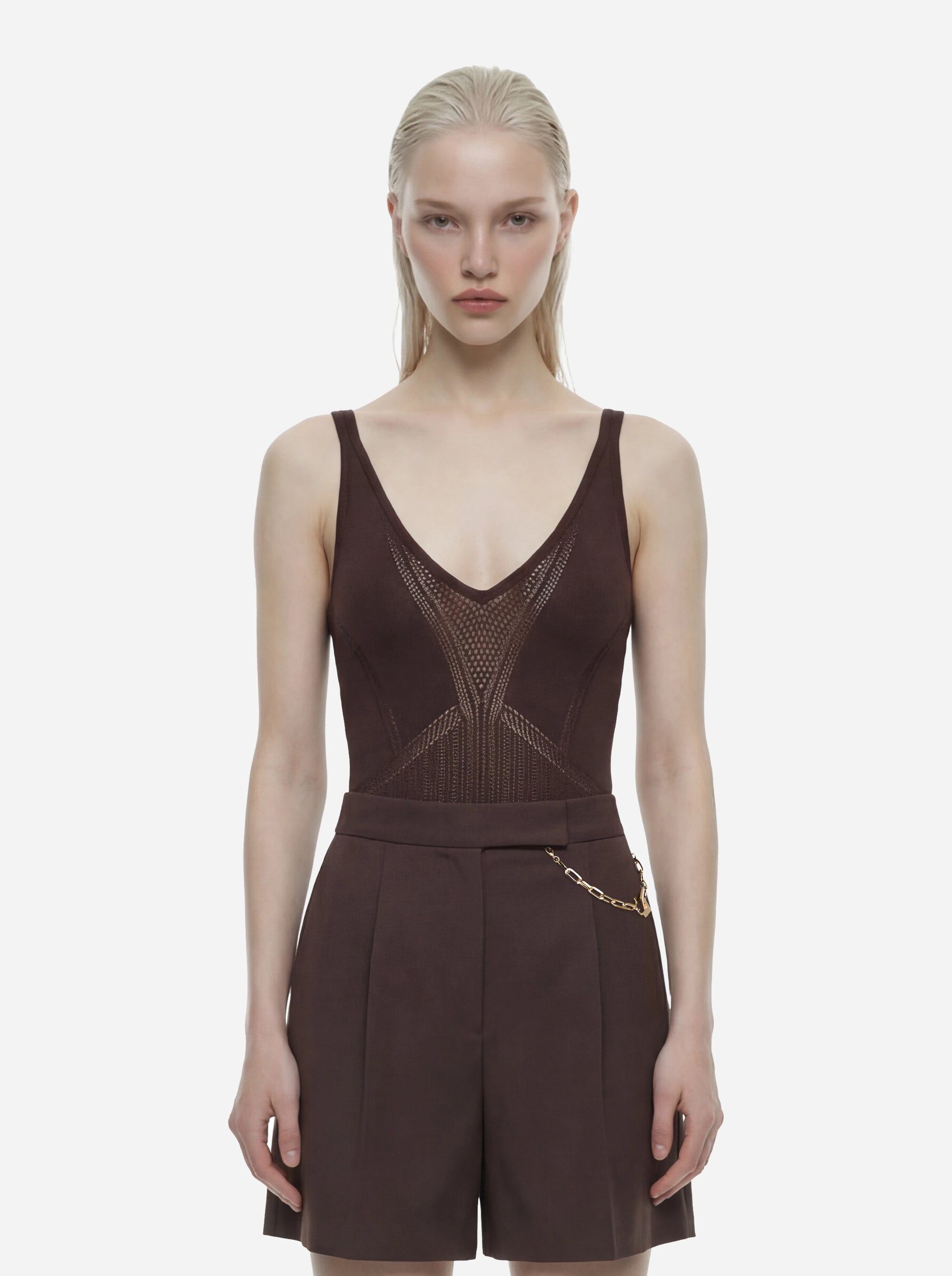 Body marrone in maglia traforata