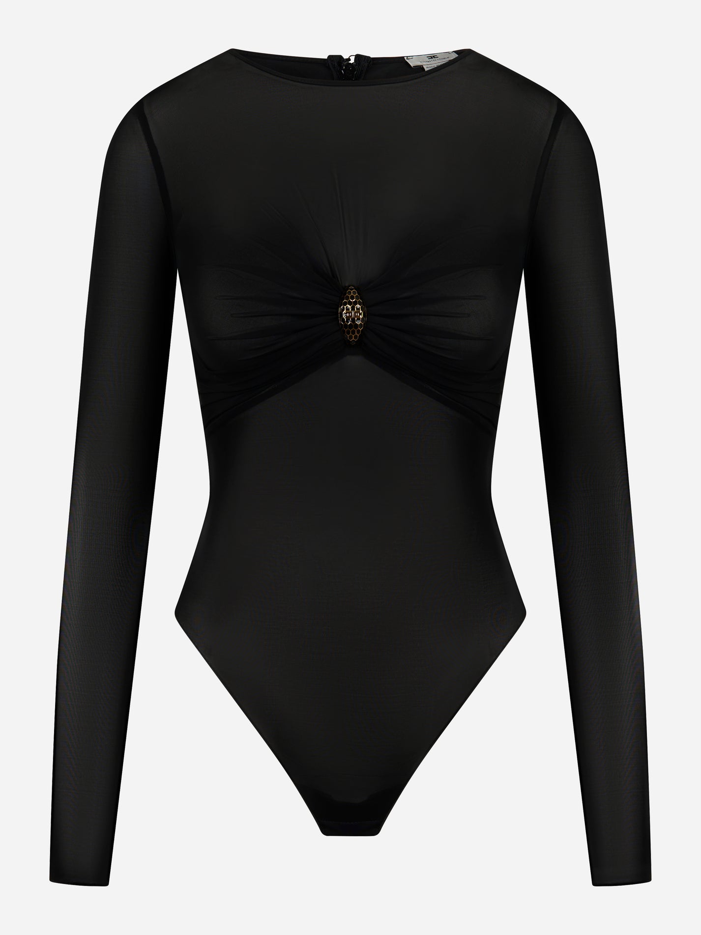 Body nero in tulle con maniche lunghe e spilla gioiello - Elisabetta Franchi
