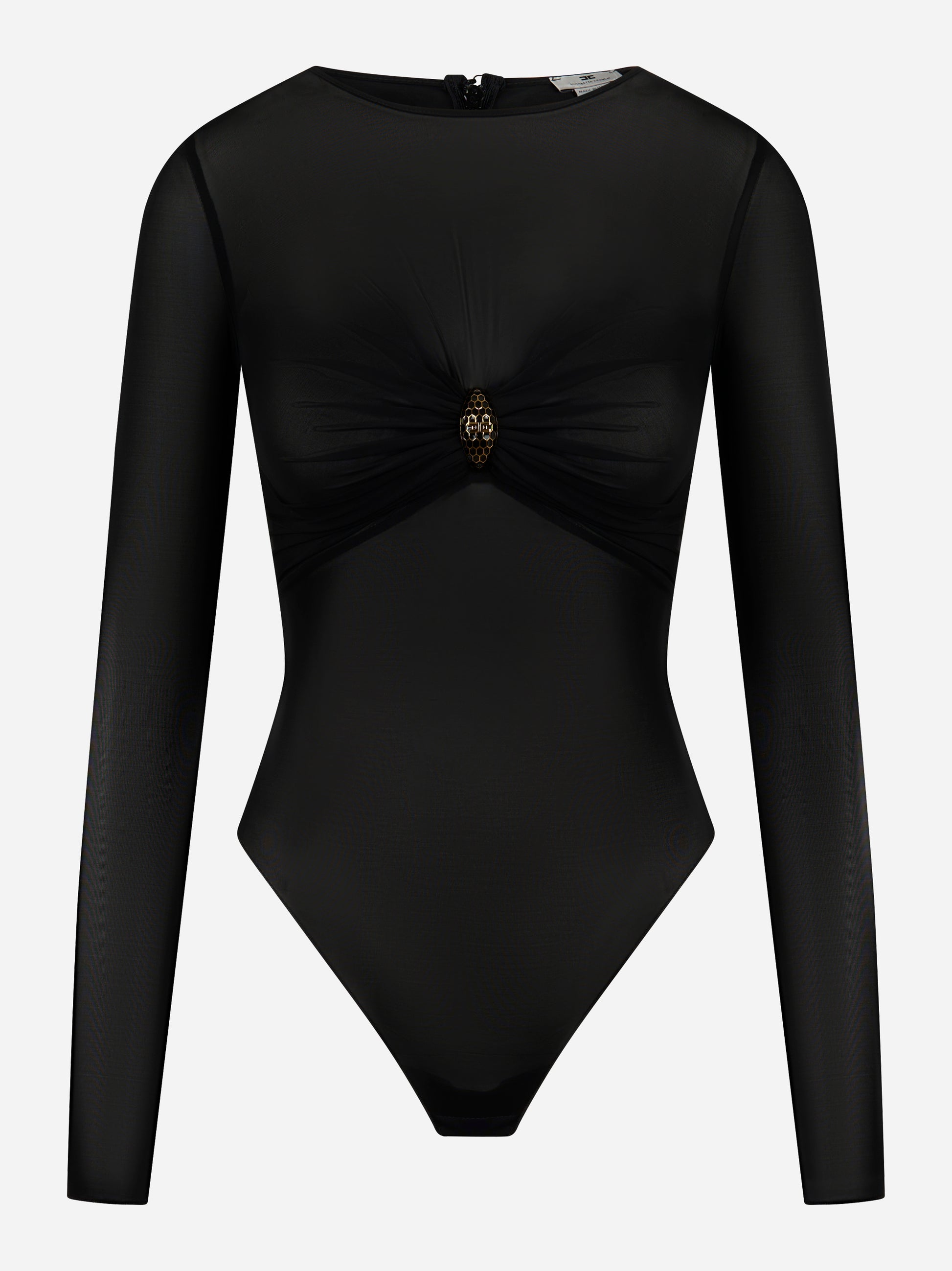 Body nero in tulle con maniche lunghe e spilla gioiello - Elisabetta Franchi