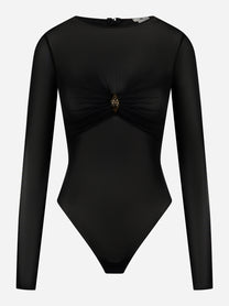 Body nero in tulle con maniche lunghe e spilla gioiello - Elisabetta Franchi