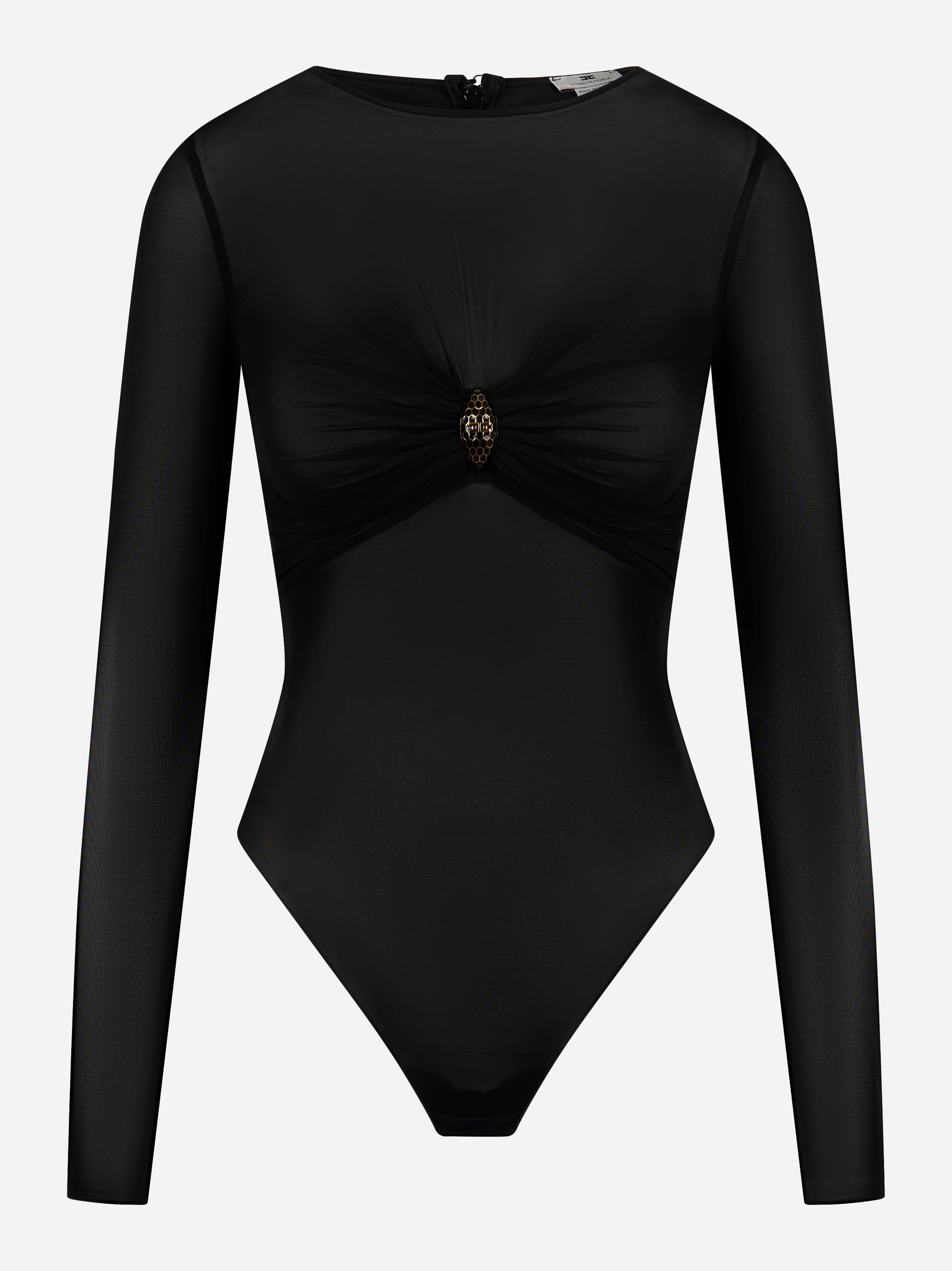 Body nero in tulle con maniche lunghe e spilla gioiello - Elisabetta Franchi