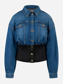 Bomber Elisabetta Franchi in denim blu con bustier in neoprene nero e bottoni dorati, vista frontale
