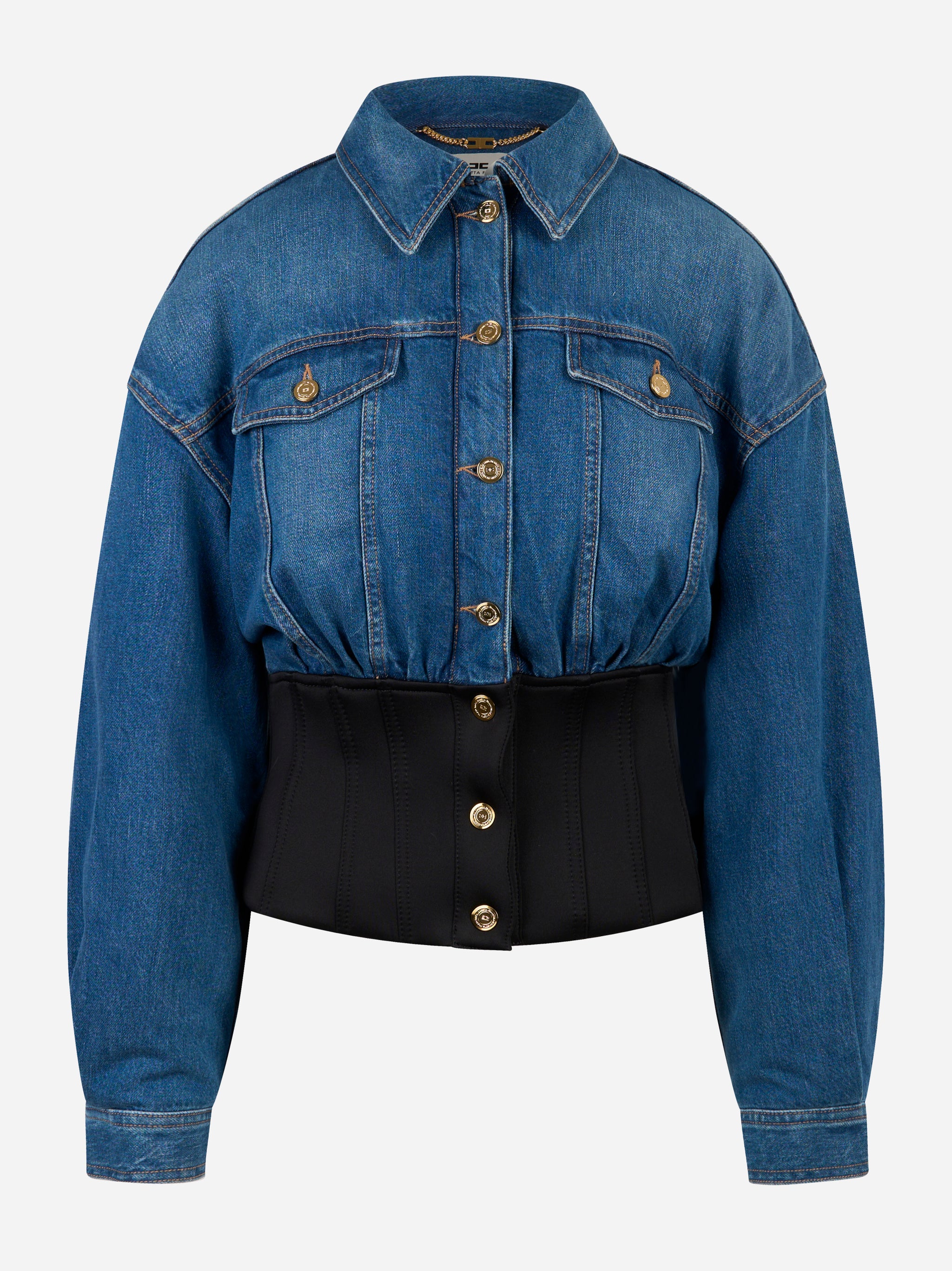 Bomber Elisabetta Franchi in denim blu con bustier in neoprene nero e bottoni dorati, vista frontale