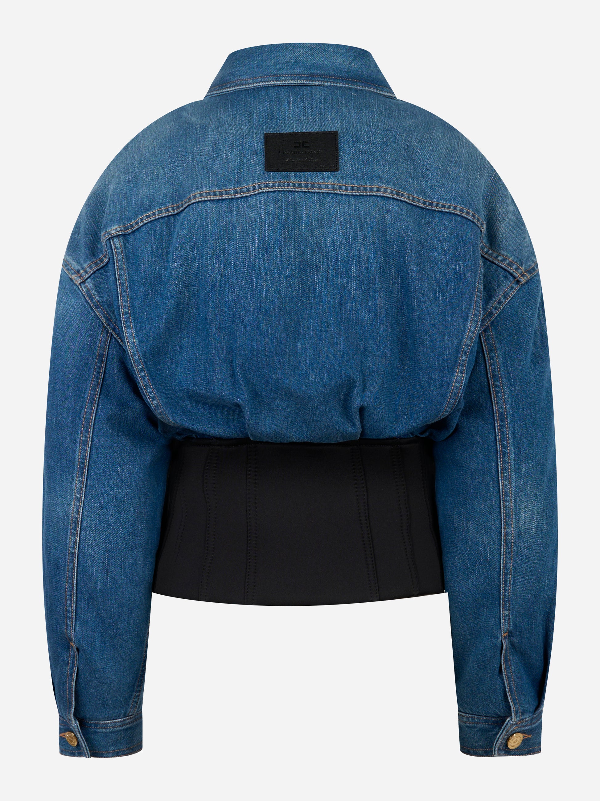 Bomber Elisabetta Franchi in denim con retro elasticizzato in neoprene nero e patch logo